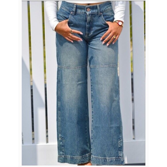 We The Free Denim - We The Free Benji Relaxed Wide Leg Blue Jeans Cotton Button Zip Pockets Sz 30